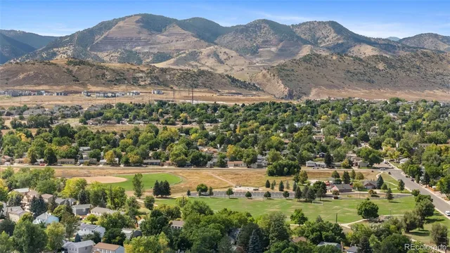 an aerial view of residential houses with outdoor space and trees