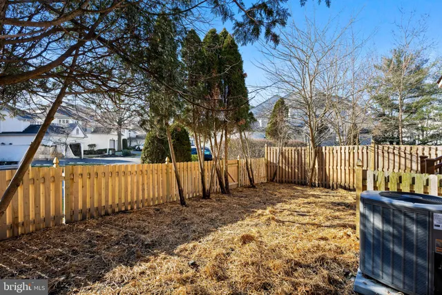 a view of backyard with wooden fence and large trees