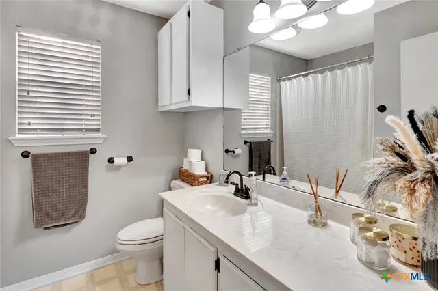 a bathroom with a sink a toilet and mirror