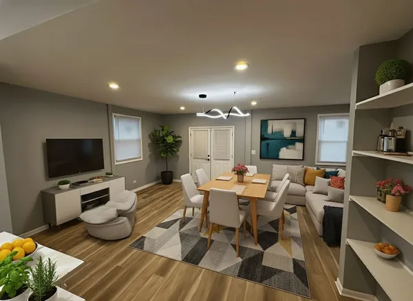 a view of a dining room with furniture