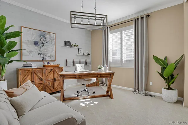 a living room with furniture a window and a potted plant