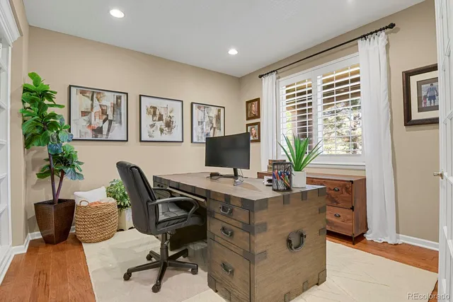 a view of a workspace with furniture and a potted plant
