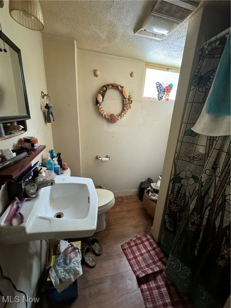 1920 South River Road Zanesville, OH 43701 - Photo 19 of 21 Bathroom featuring toilet, hardwood / wood-style floors, sink, and a textured ceiling