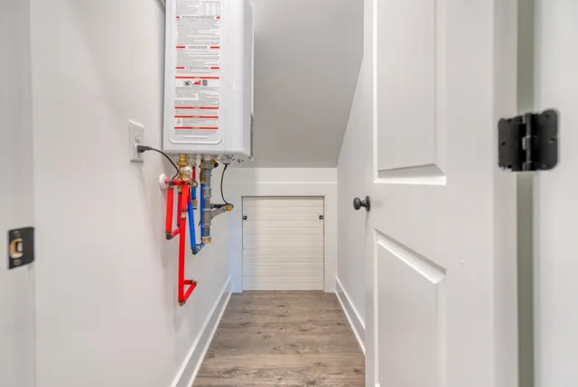a bathroom with a tub and shower