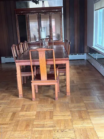 a view of a dining room with furniture