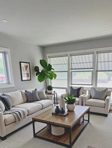 a living room with furniture potted plant and window