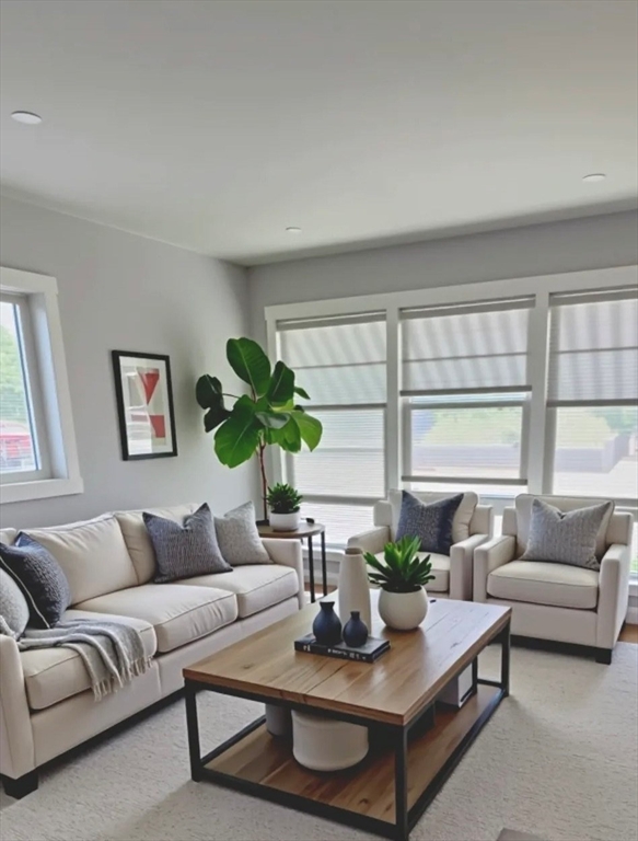 a living room with furniture potted plant and window