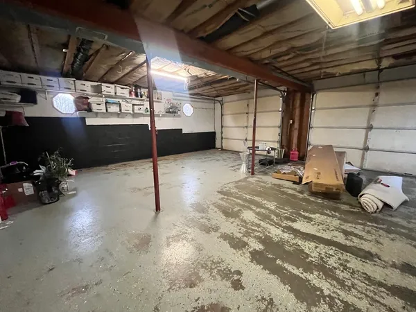 a view of a garage with storage