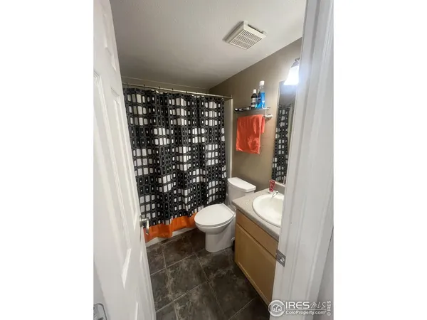a bathroom with a toilet a sink and shower curtain