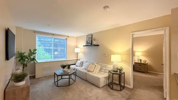 a living room with furniture and a potted plant
