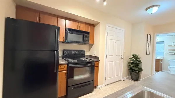 a kitchen with a refrigerator and potted plant