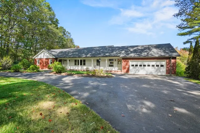a view of a white house with a yard plants and large tree