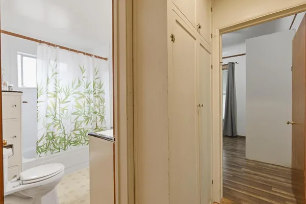 a bathroom with a shower curtain and a toilet