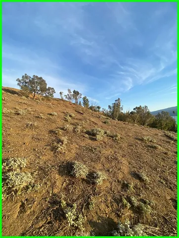 a view of a large building with mountains in the background