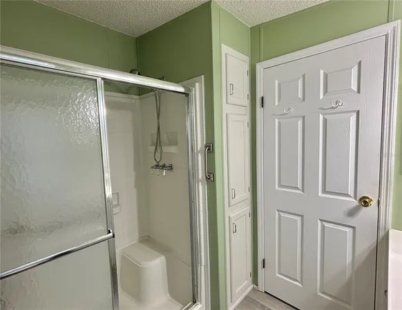 a bathroom with a shower and toilet
