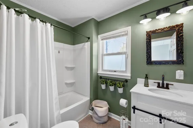 a bathroom with a sink a toilet and shower curtain