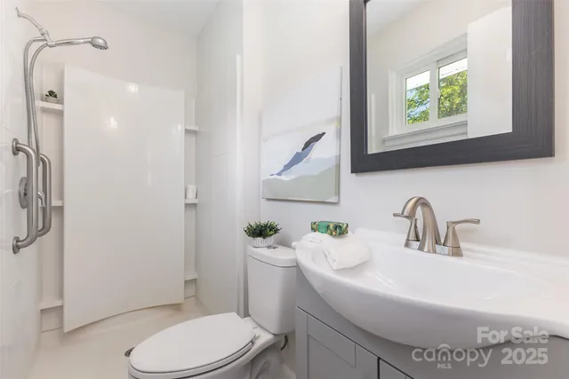 a bathroom with a sink a toilet and a mirror