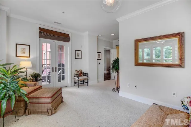 a living room with furniture and potted plants