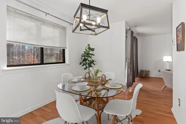 a dining room with furniture a potted plant and wooden floor