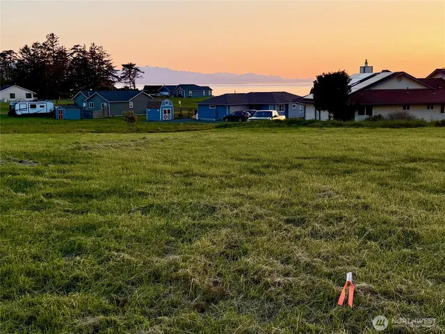 a view of a green field with house in the background