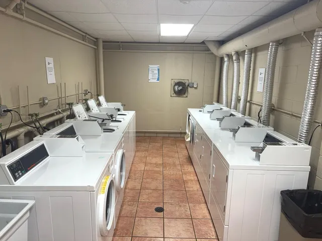 a view of a building with a glass door