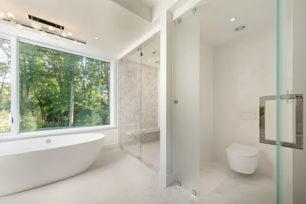 a bathroom with a bathtub and a shower