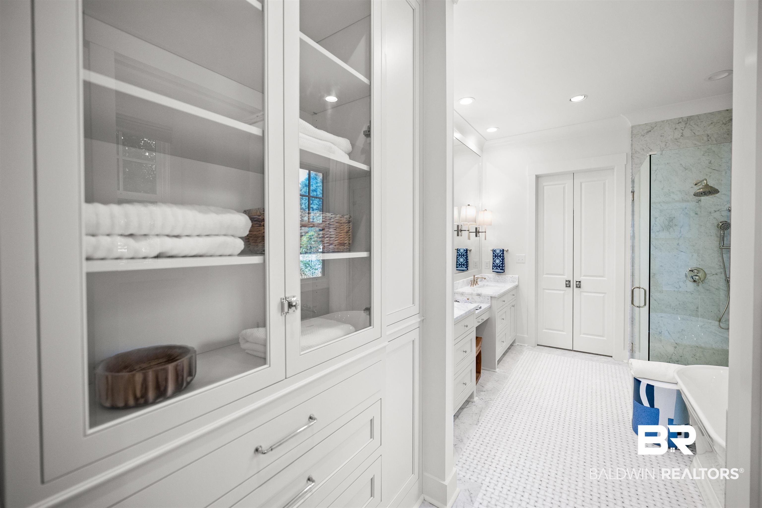 156 Hyacinth Street Fairhope, AL 36532 - Photo 34 of 61 Full bathroom featuring vanity, a marble finish shower, a freestanding bath, light tile patterned flooring, and recessed lighting