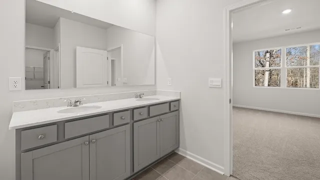 a bathroom with 2 sink and a mirror