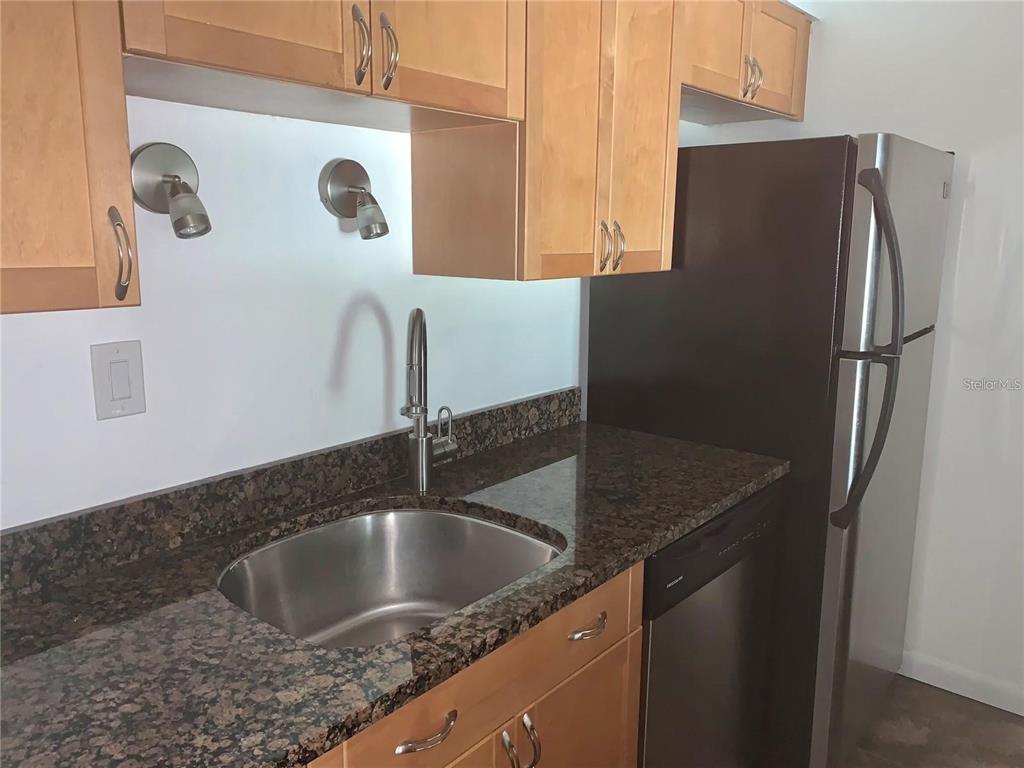 525 South Conway Road, Unit 189D Orlando, FL 32807 - Photo 6 of 19 a kitchen with granite countertop a sink and a refrigerator