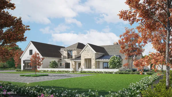 a view of a big house with a big yard and large trees