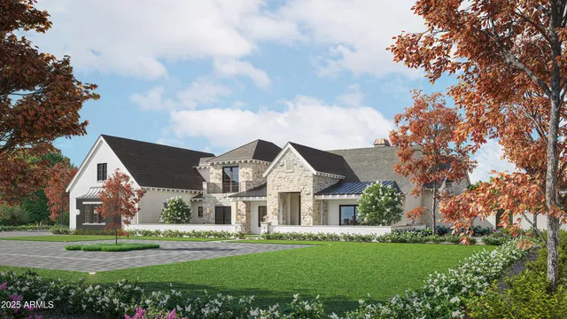 a view of a big house with a big yard and large trees