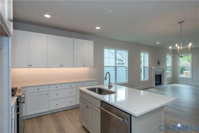 a kitchen with a sink dishwasher and white cabinets with wooden floor