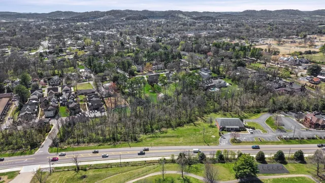 an aerial view of residential houses with outdoor space and trees