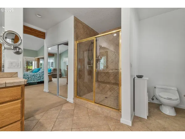 a bathroom with a shower and a toilet