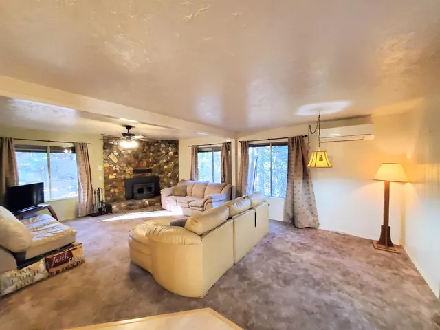 a fireplace with a rug