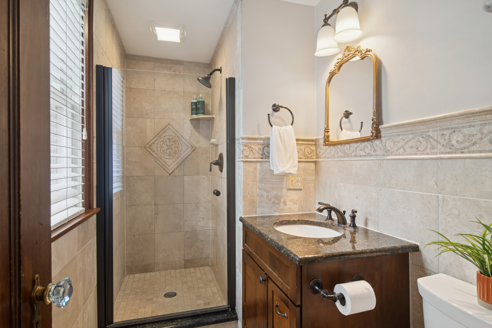 131 Walton Street Barrington, IL 60010 - Photo 13 of 26 a bathroom with a granite countertop sink a mirror and shower