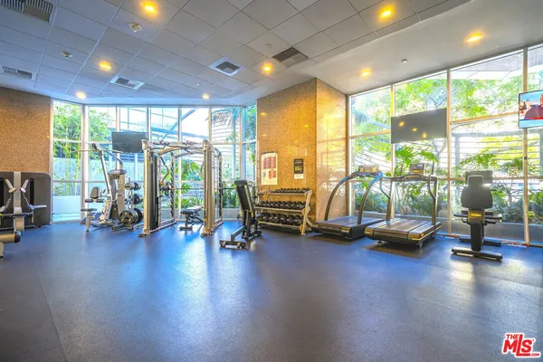 a view of a room with gym equipment and floor to ceiling window