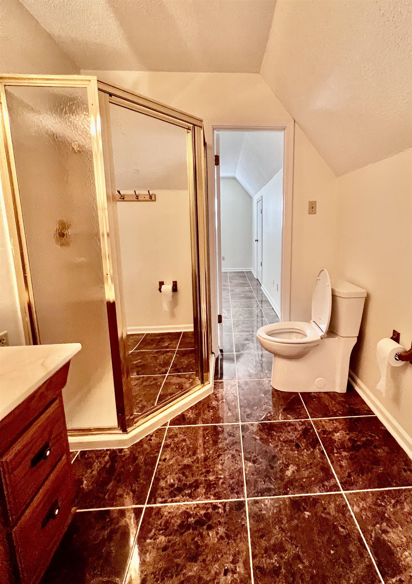 7245 Barnstable Road Memphis, TN 38125 - Photo 29 of 36 Bathroom featuring a textured ceiling, vaulted ceiling, toilet, vanity, and an enclosed shower