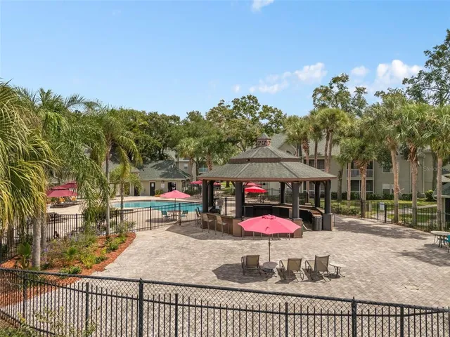 an outdoor space with seating