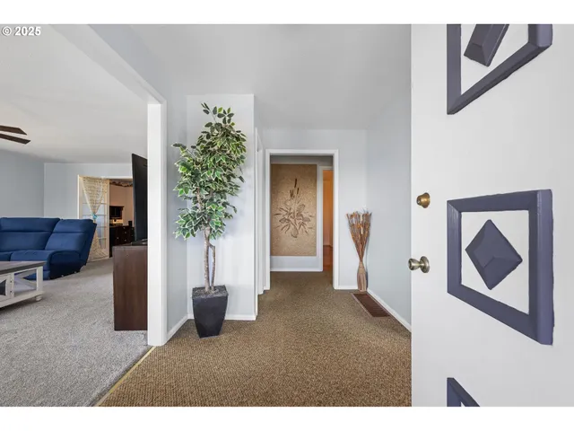 a living room with furniture and a potted plant