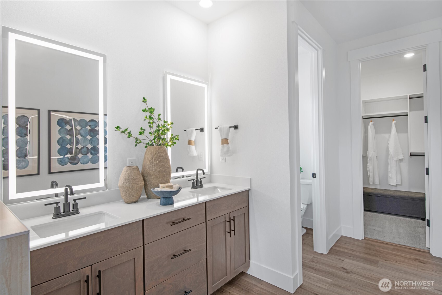 629 Gooseberry Place Sequim, WA 98382 - Photo 17 of 31 a bathroom with a double vanity sink and a mirror