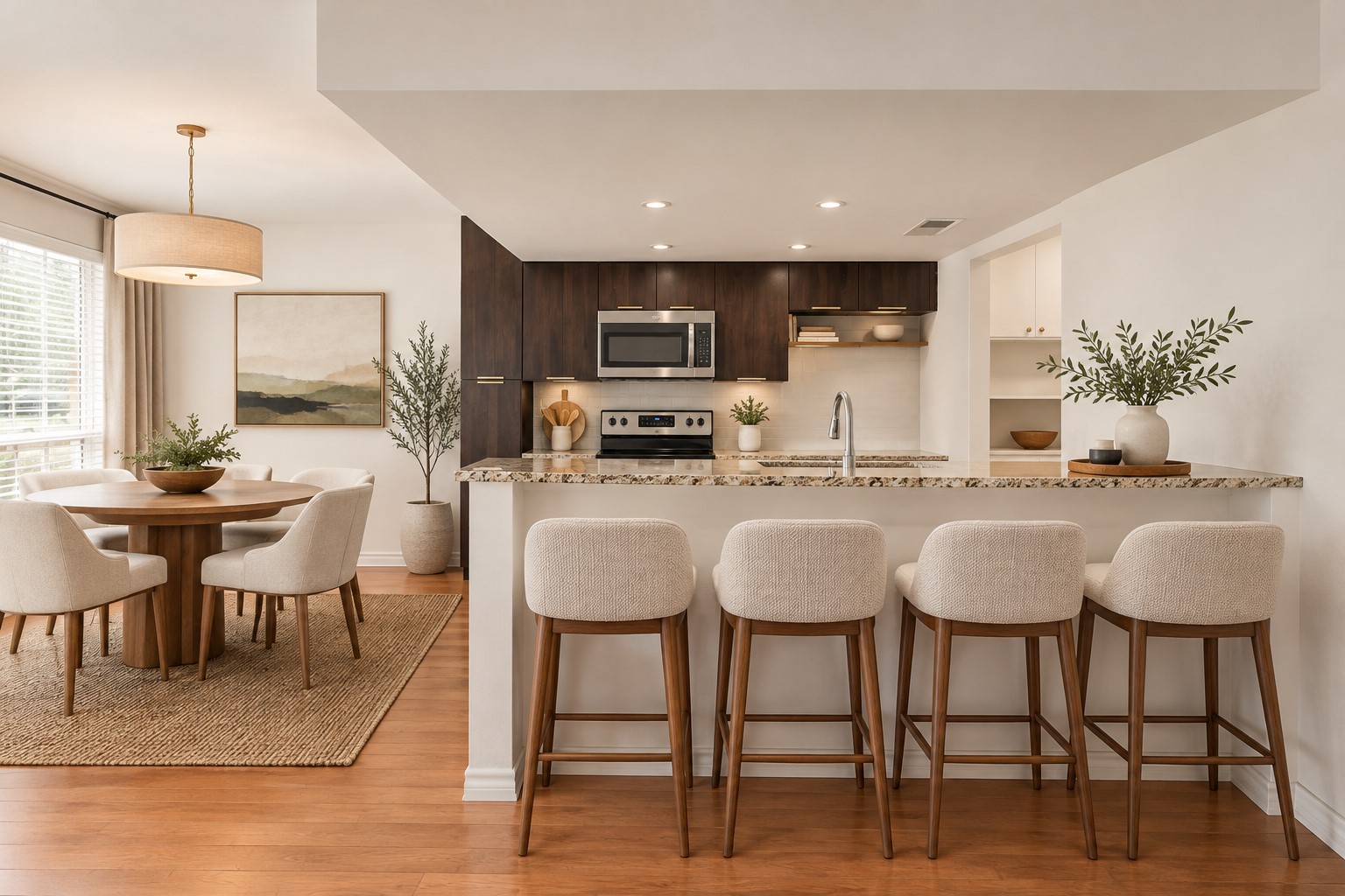 1504 Allen Road, Unit B Austin, TX 78746 - Photo 2 of 24 Warm wood flooring and stone countertops anchor this welcoming open-concept kitchen and dining area.