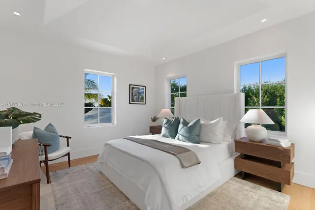 an empty room with a wooden shelves and closet