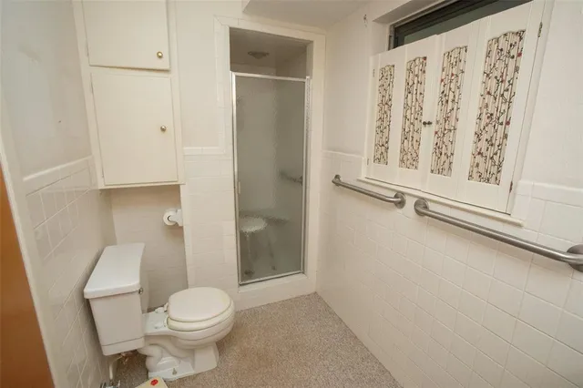 a bathroom with a toilet and a shower