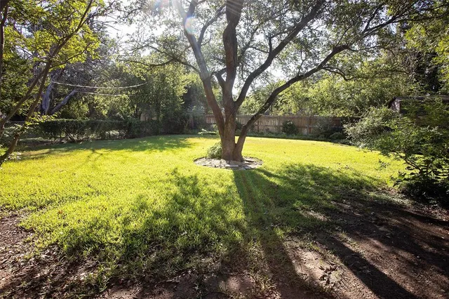 a view of swimming pool next to a yard with large trees
