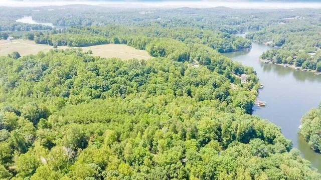 an aerial view of a house with a yard and lake view