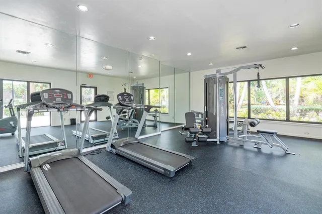 a view of a park with large trees