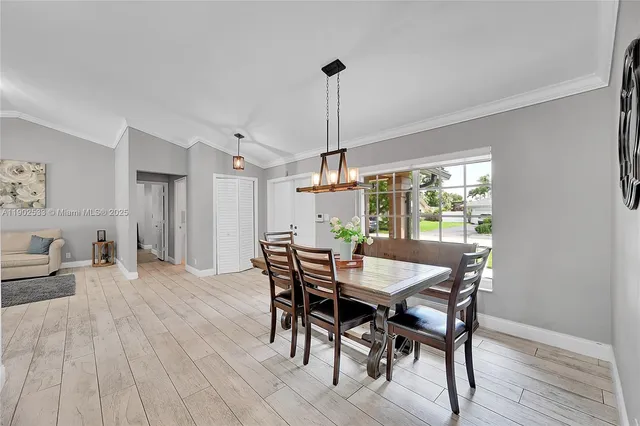 a view of a dining room with furniture window and wooden floor