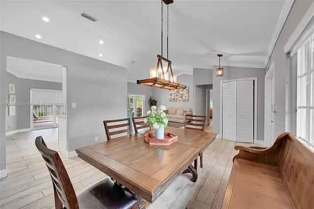 a view of a dining room with furniture