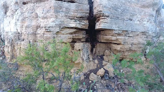 a view of a dry field with mountains in the background